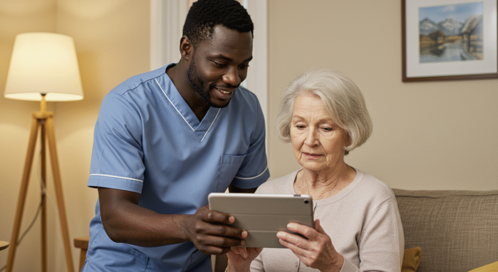 A healthcare worker in blue scrubs assisting an elderly man with a tablet device in a home setting