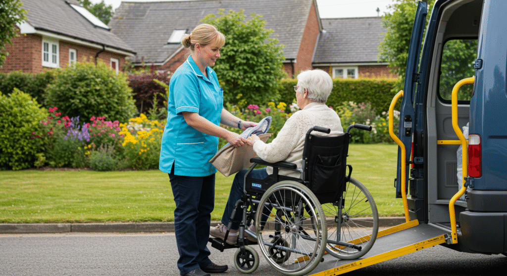 A healthcare worker in a light blue uniform is helping an elderly person in a wheelchair prepare to board an accessible van. The scene takes place in a residential area with brick houses and colorful gardens in the background. The van has a yellow ramp extended for wheelchair access.