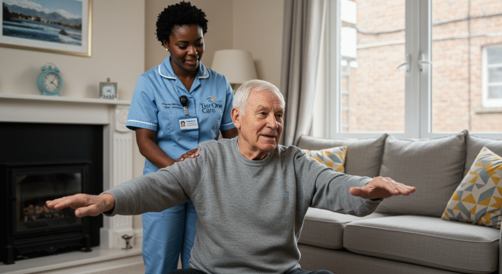 Tier One Care live-in carer supporting an elderly man with gentle seated exercises in his comfortable Sheffield home, promoting independence and wellbeing.