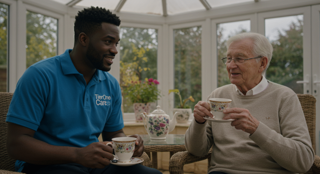 A caregiver from Tier One Care in a blue branded polo shirt enjoying tea with an elderly woman in a bright conservatory. They are seated in wicker chairs, holding floral teacups, engaged in warm conversation, with a garden visible through the surrounding windows.