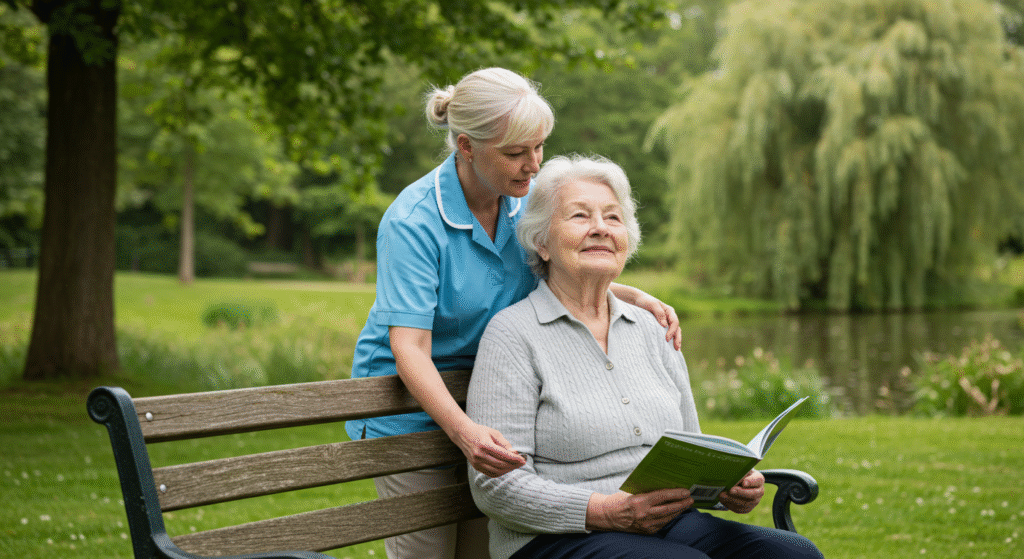 A caregiver in a light blue uniform stands behind a park bench where an elderly woman with white hair sits reading a book. They are surrounded by lush greenery, including trees and a pond, in a serene park setting.