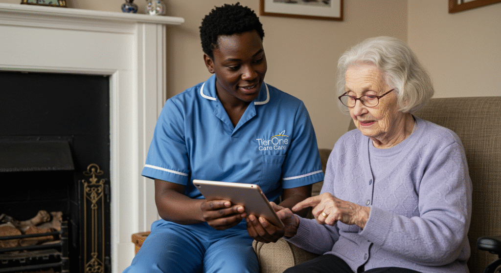Tier One Care live-in carer showing an elderly woman how to use a tablet in her Sheffield home.