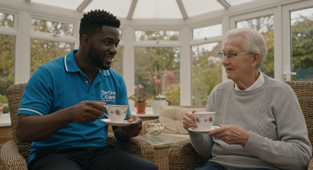A Tier One Care caregiver sharing tea with an elderly woman in a bright conservatory