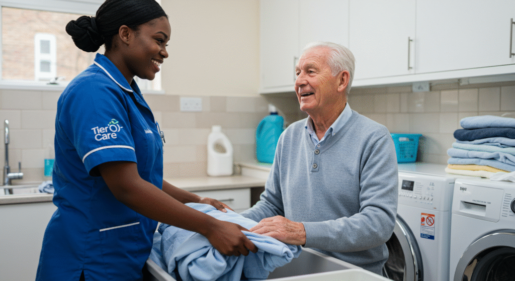 Tier One Care live-in carer helping an elderly man with laundry in a Southampton home.