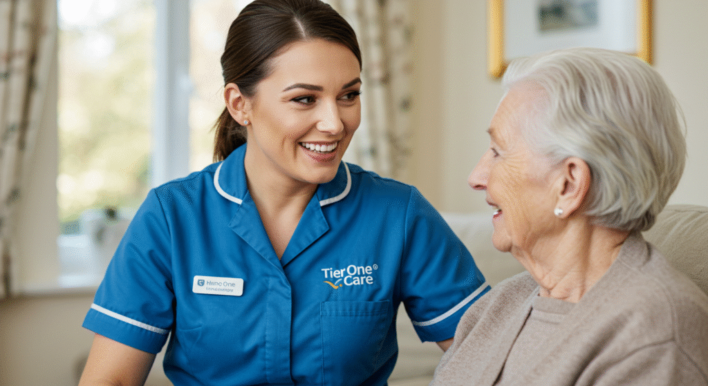 Tier One Care caregiver smiling and providing compassionate support to an elderly woman at home in Wells.