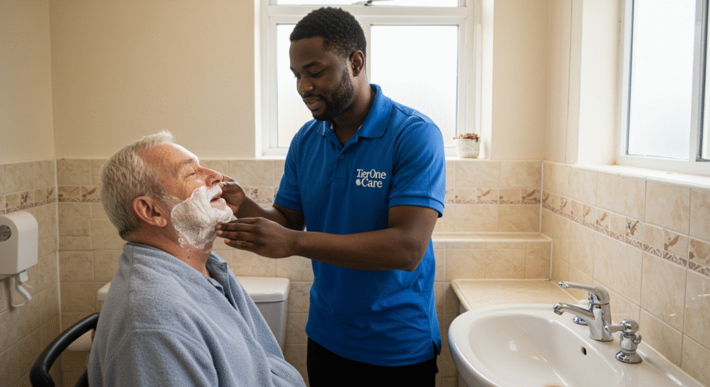 A Tier One Care professional in a blue branded polo shirt helping an elderly man with shaving in a bathroom setting. The caregiver is carefully applying shaving cream to the client's face as the client smiles, demonstrating the personal care services offered by Tier One Care in Leicester