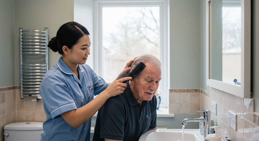 Carer assisting an elderly man with grooming in a Southend-on-Sea bathroom.