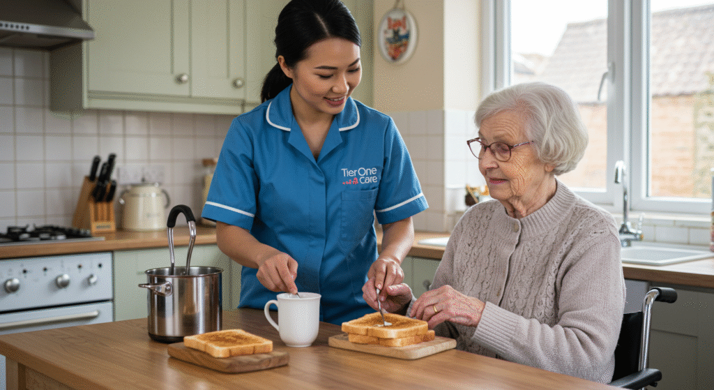 Carer preparing breakfast with an elderly woman in a Southend-on-Sea home.