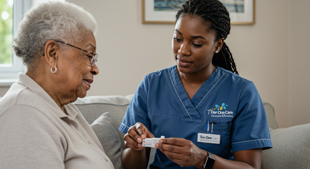 Tier One Care nurse helping an elderly woman with medication management at home in Winchester.