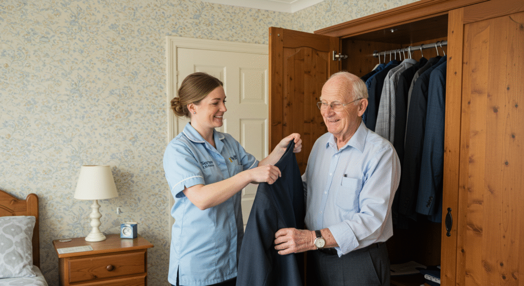 A Tier One Care professional in a light blue uniform helping an elderly gentleman select clothing from his wooden wardrobe in a home bedroom with floral wallpaper. The caregiver smiles while assisting the client with daily personal care, demonstrating the dignified live-in care services offered in Liverpool.
