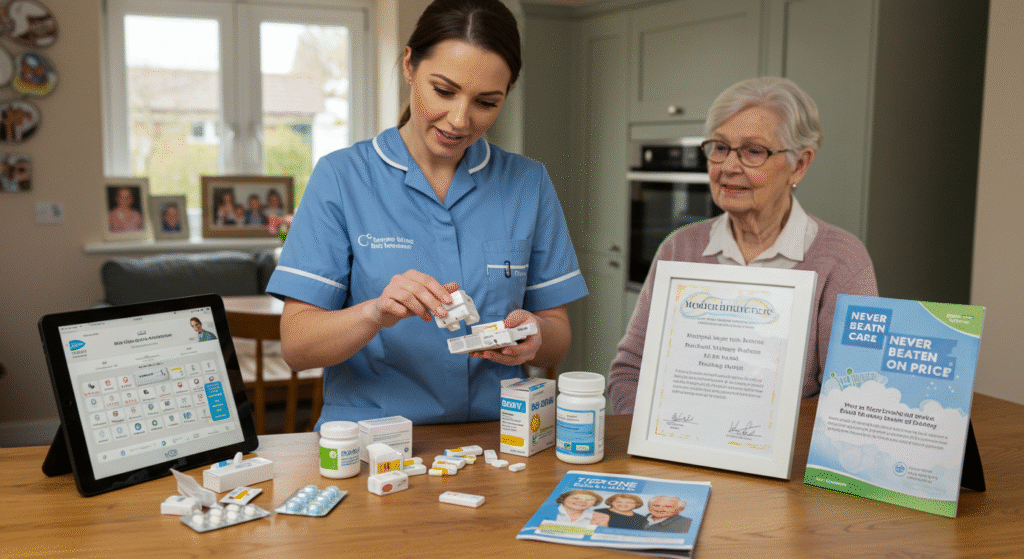A caregiver in a blue uniform organizes medication for an elderly woman with glasses in a bright kitchen. The table displays various pill containers, medication boxes, a tablet showing a health dashboard, and promotional materials including a framed certificate and pricing information."