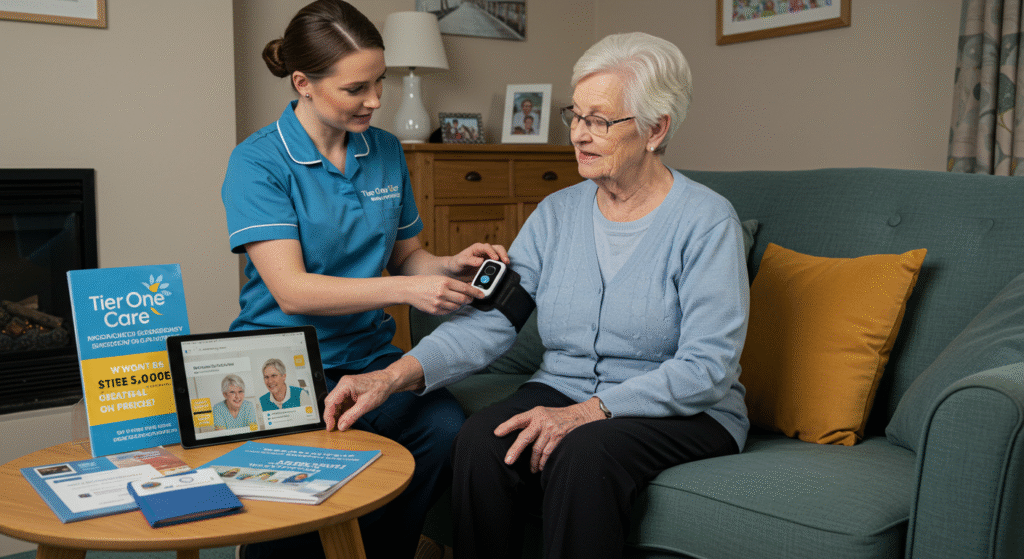 "A caregiver in a blue Tier One Care uniform assists an elderly woman in a light blue cardigan with a blood pressure monitor while seated on a teal sofa. A tablet and promotional materials are displayed on the wooden coffee table in a cozy living room setting."