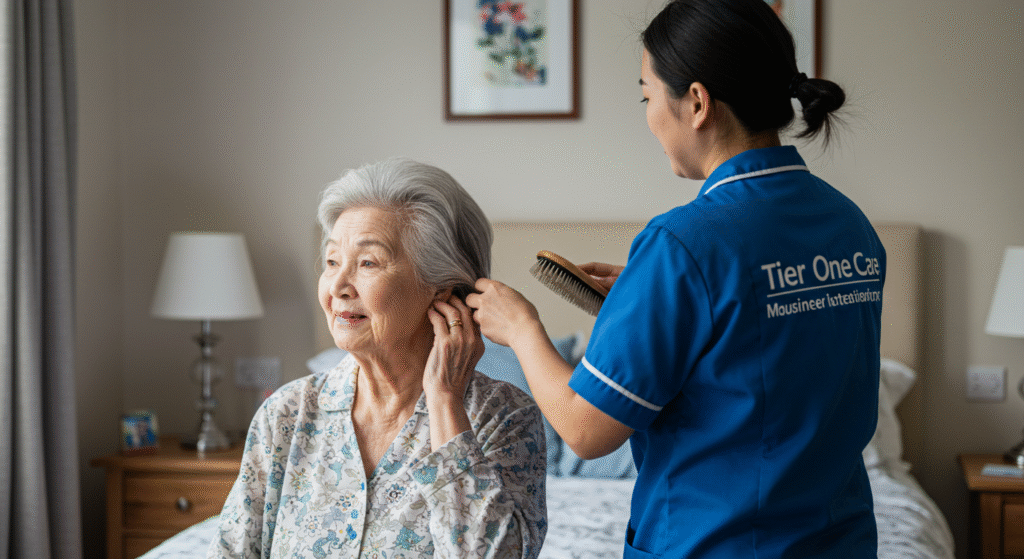 Carer brushing an elderly woman’s hair in her St Albans bedroom.