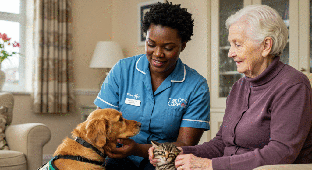 Tier One Care caregiver and elderly woman enjoying companionship with a therapy dog and cat at home in Wolverhampton.