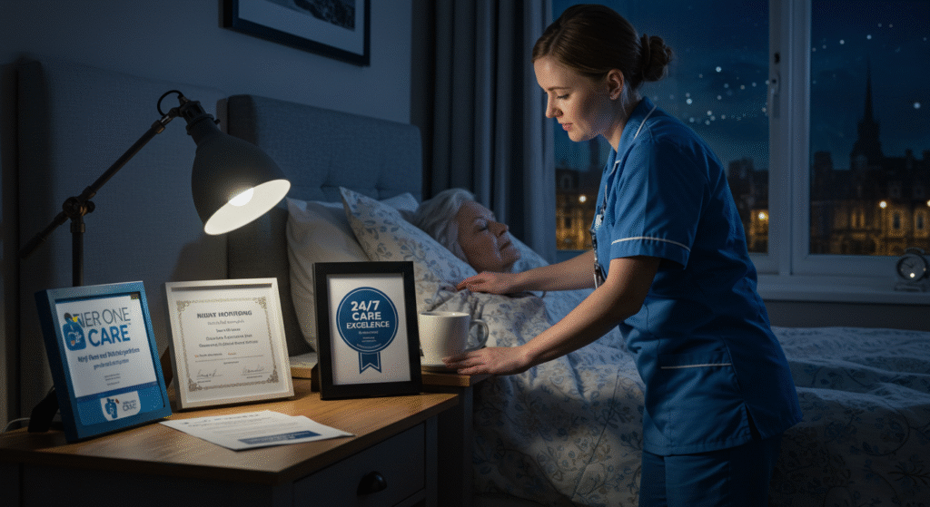 A caregiver in a blue uniform tends to an elderly woman sleeping in bed at night, placing a cup on the bedside table. The nightstand displays Tier One Care promotional materials and awards including a '24/7 Care Excellence' certificate. City lights are visible through the window, creating a warm atmosphere in the dimly lit bedroom."