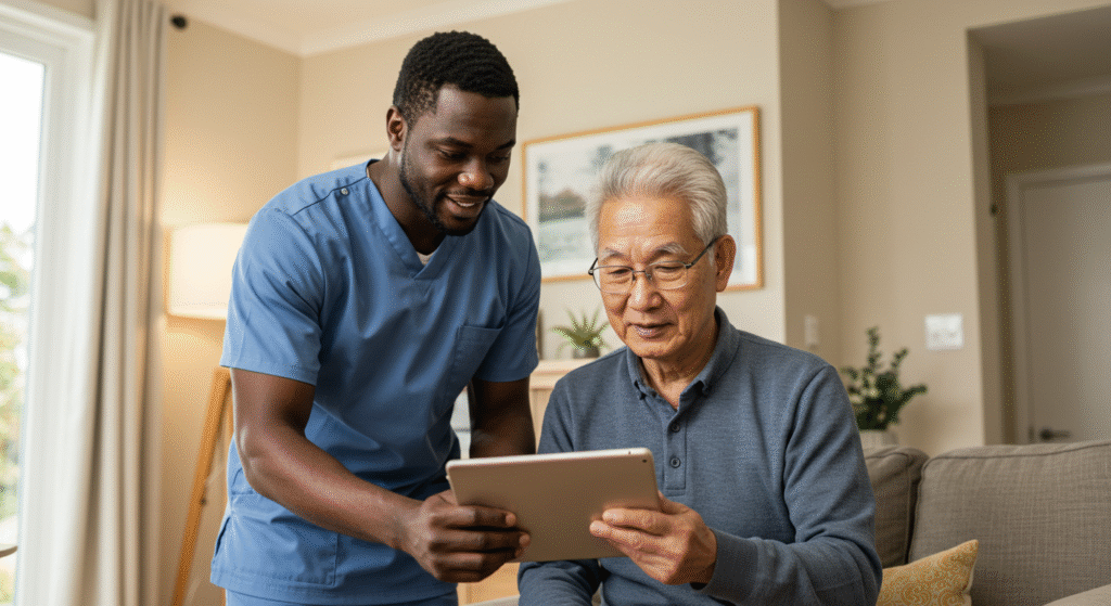 A healthcare professional in blue scrubs assisting an elderly Asian man with a tablet device in a comfortable home setting