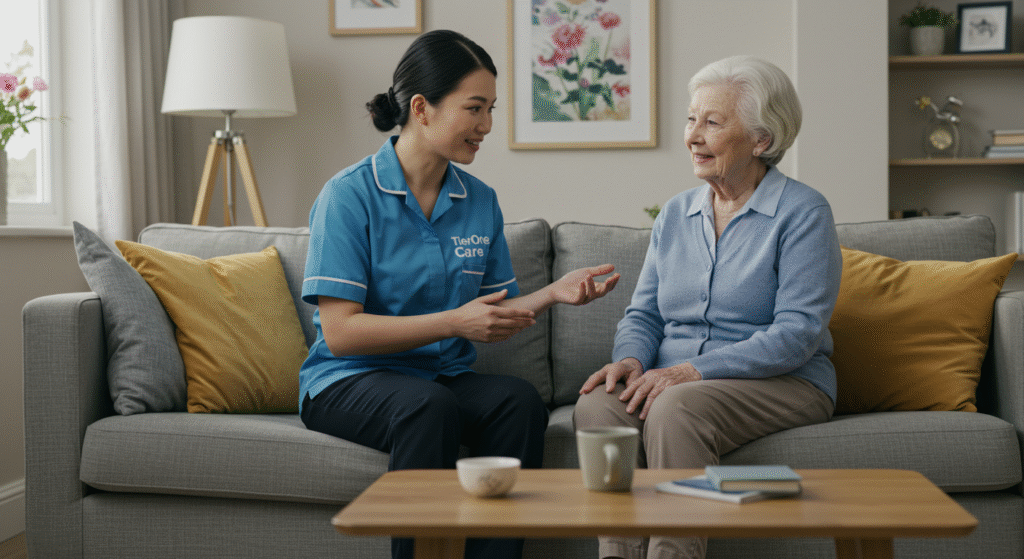 A professional carer in a blue Tier One Care uniform sits on a sofa, warmly conversing with an elderly woman in a cozy living room.