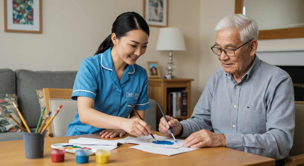 Carer painting with an elderly man at home in Stoke On Trent.
