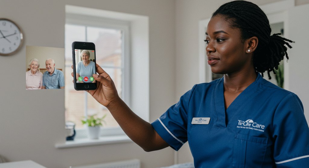Tier One Care caregiver in blue uniform helping an elderly couple connect with family through a video call at home in Worcester.