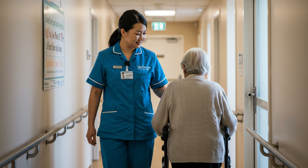 Tier One Care caregiver in blue uniform assisting an elderly woman with mobility in a well-lit hallway in York.
