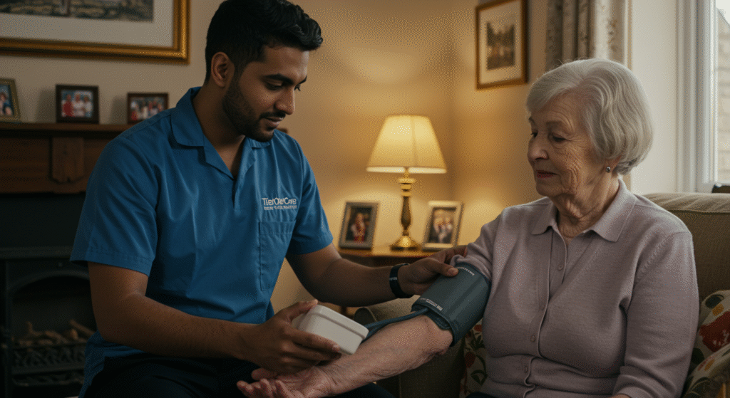 A Tier One Care professional in a blue uniform checking an elderly woman's blood pressure in her comfortable living room. The caregiver is attentively monitoring vital signs while the client sits on her sofa, surrounded by family photos, demonstrating the personalized healthcare services provided by our Milton Keynes live-in care team