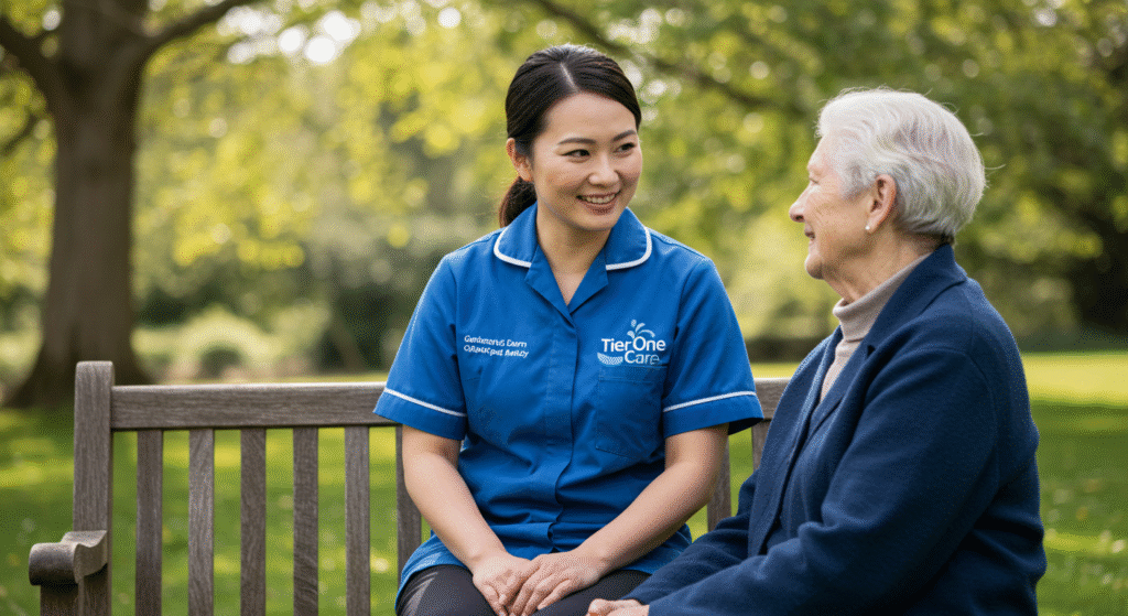 Tier One Care caregiver providing companionship and friendly conversation to an elderly woman on a park bench in York.
