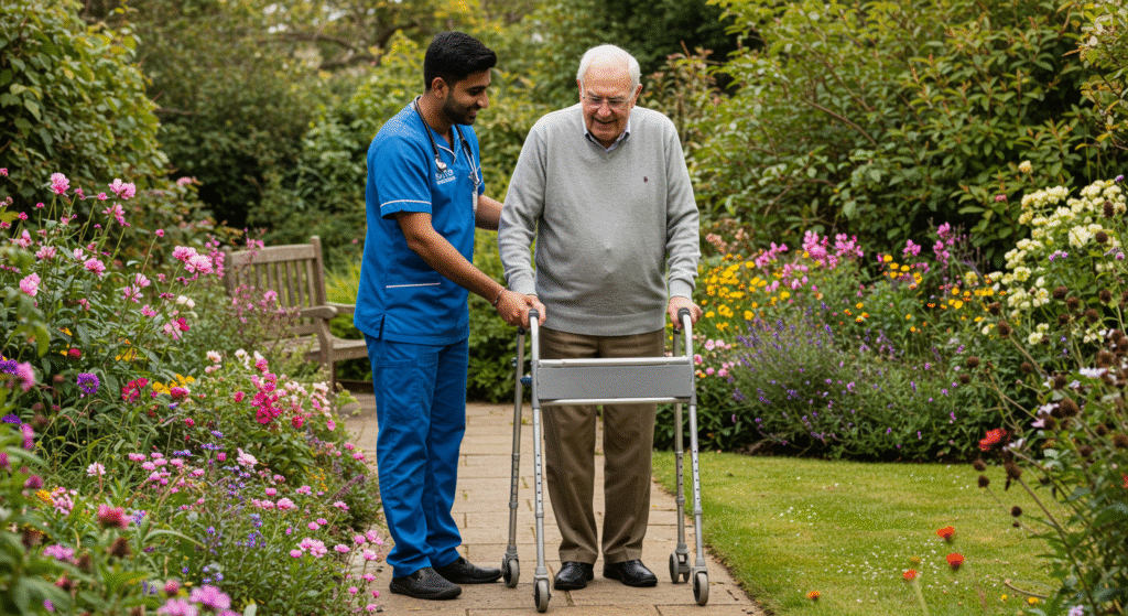 A Tier One Care professional in a blue uniform gently supporting an elderly man using a walker on a garden path surrounded by colorful flowers. The caregiver is attentively assisting the client with outdoor mobility in a beautiful flowering garden with pink, yellow, and purple blooms, showcasing our commitment to helping Newcastle clients maintain independence and enjoy nature.
