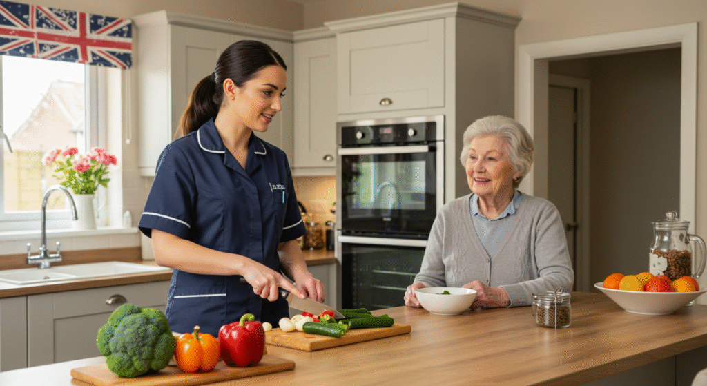 A Tier One Care professional in a navy uniform chopping vegetables on a wooden board while an elderly woman with silver hair watches with a smile, holding a bowl in a modern kitchen with light grey cabinets. Fresh vegetables including broccoli, peppers, and zucchini are displayed on the counter, demonstrating the nutritious meal preparation service provided by our Newcastle live-in care team