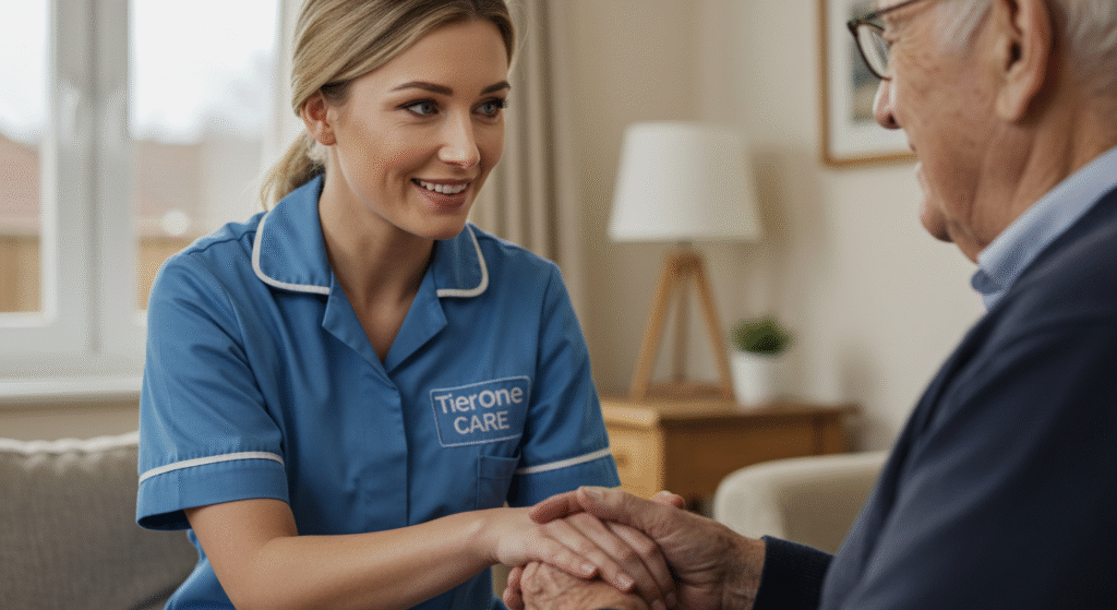 A smiling female caregiver in a blue "Tier One Care" uniform gently holds the hand of an elderly man, offering reassurance and support in a comfortable home setting.