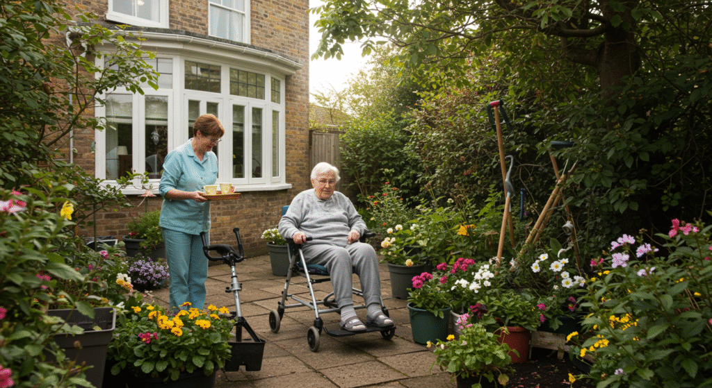 "Caregiver in light blue uniform serving refreshments to elderly woman seated in mobility walker surrounded by colorful potted flowers in a brick home garden patio."