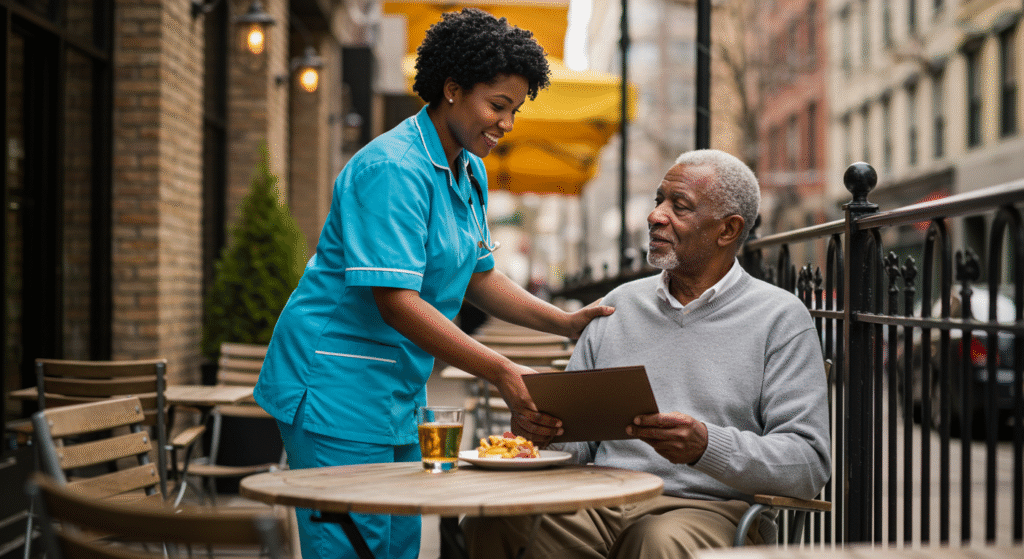 A compassionate healthcare worker in a turquoise uniform gently assists an elderly man with gray hair who is seated at an outdoor café table. The caregiver is showing him something on a document while providing attentive support, exemplifying the dignified and personalized approach of palliative care services in a comfortable community setting