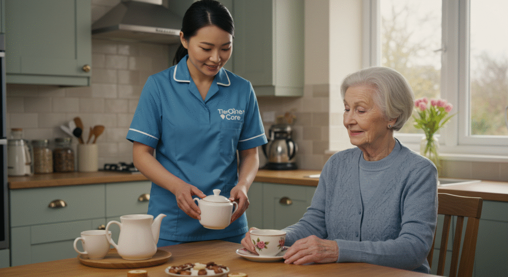 A carer in a blue Tier One Care uniform serves tea to an elderly woman seated at a kitchen table, both smiling in a bright, homey kitchen.