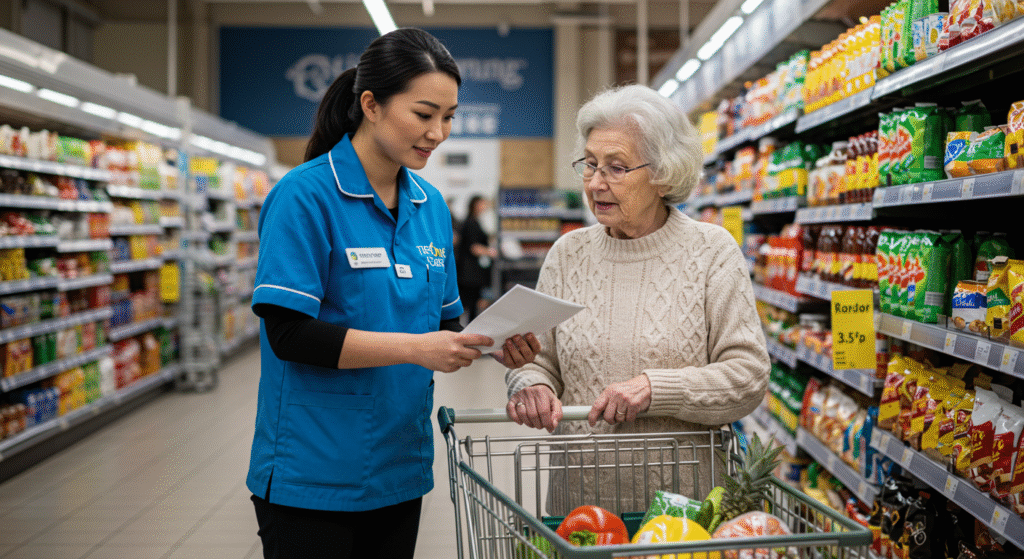 Carer assisting an elderly woman with grocery shopping in Stoke..