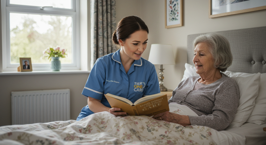 Compassionate female caregiver in a Tier One Care uniform reads a book to an elderly woman in bed, providing companionship and personalized live-in care in a comfortable home setting.