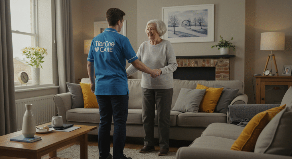 Tier One Care carer holding hands and smiling with an elderly woman in a bright, comfortable Oxford living room, exemplifying personalized home care services.