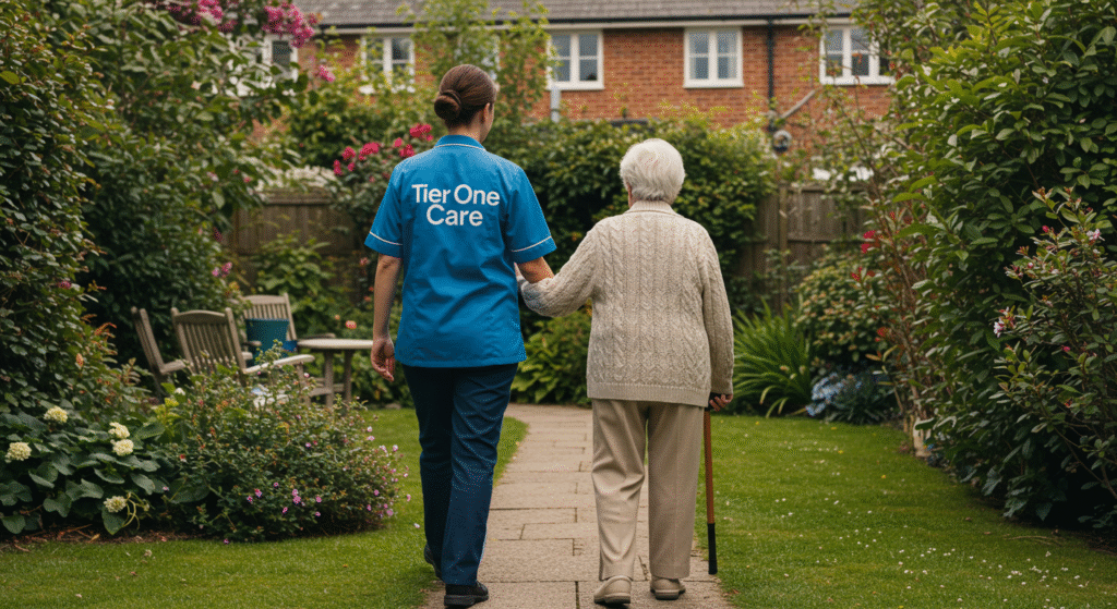 Tier One Care caregiver walking with an elderly woman in a lush garden, providing compassionate live in care support in Oxford.