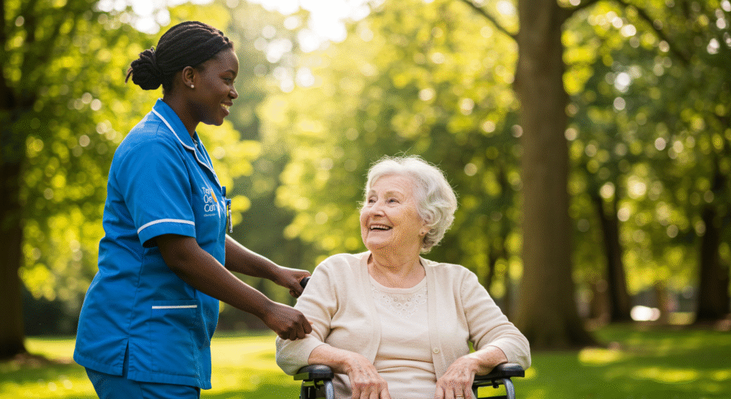 Tier One Care caregiver in blue uniform assisting and smiling with an elderly woman in a wheelchair outdoors in a sunny park in Peterborough, representing compassionate and personalized live in care services.