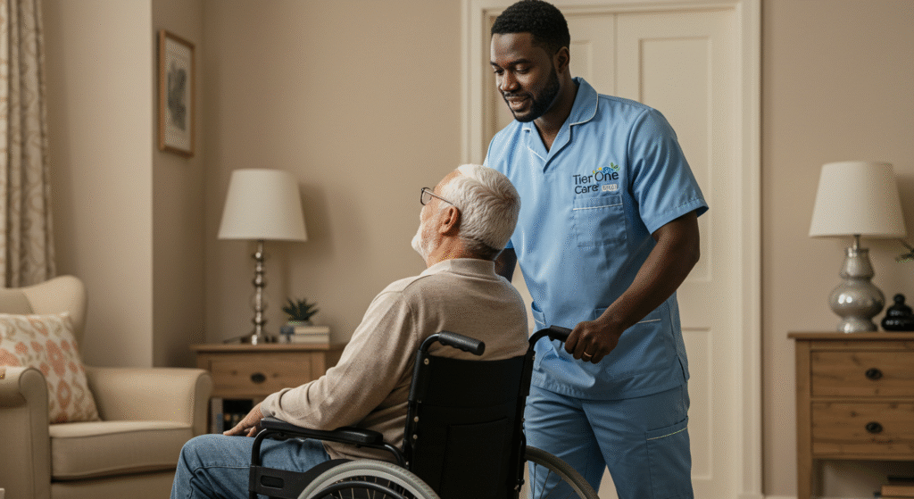 A professional carer in a blue Tier One Care uniform assists an elderly man in a wheelchair inside a comfortable, well-lit living room.