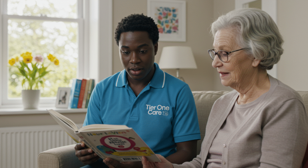 A friendly carer in a blue Tier One Care polo shirt sits on a sofa reading with an elderly woman, both smiling and engaged in a cozy home setting.