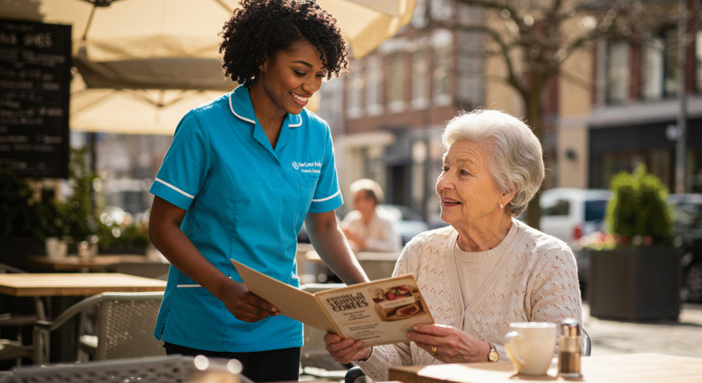 A caregiver in blue uniform smiling while helping an elderly woman read a menu at an outdoor café. The senior woman, wearing a cream sweater, appears engaged and comfortable in this supportive interaction that exemplifies specialized dementia care in a community setting