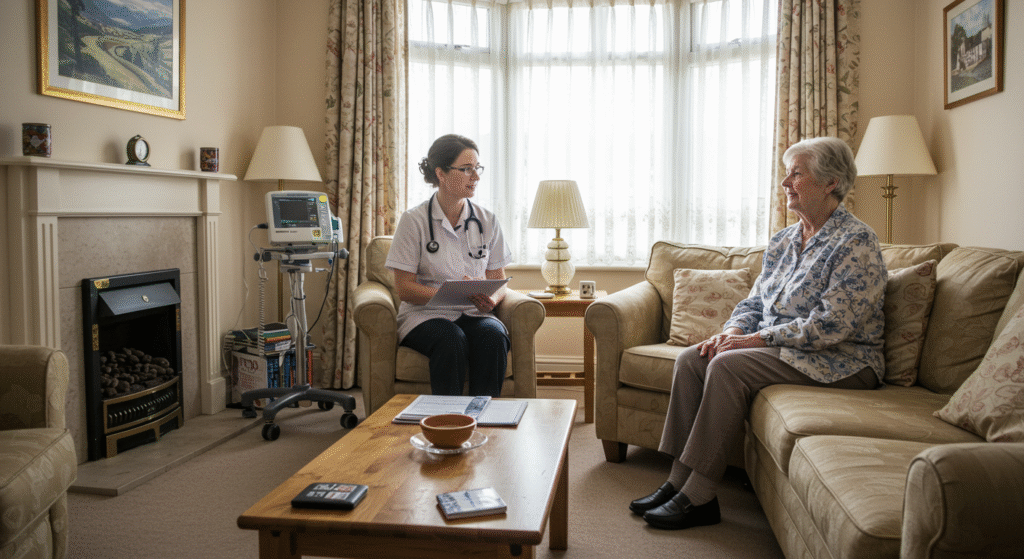 "Healthcare provider with stethoscope reviewing paperwork while sitting across from elderly woman in a comfortable living room with medical monitoring equipment nearby."