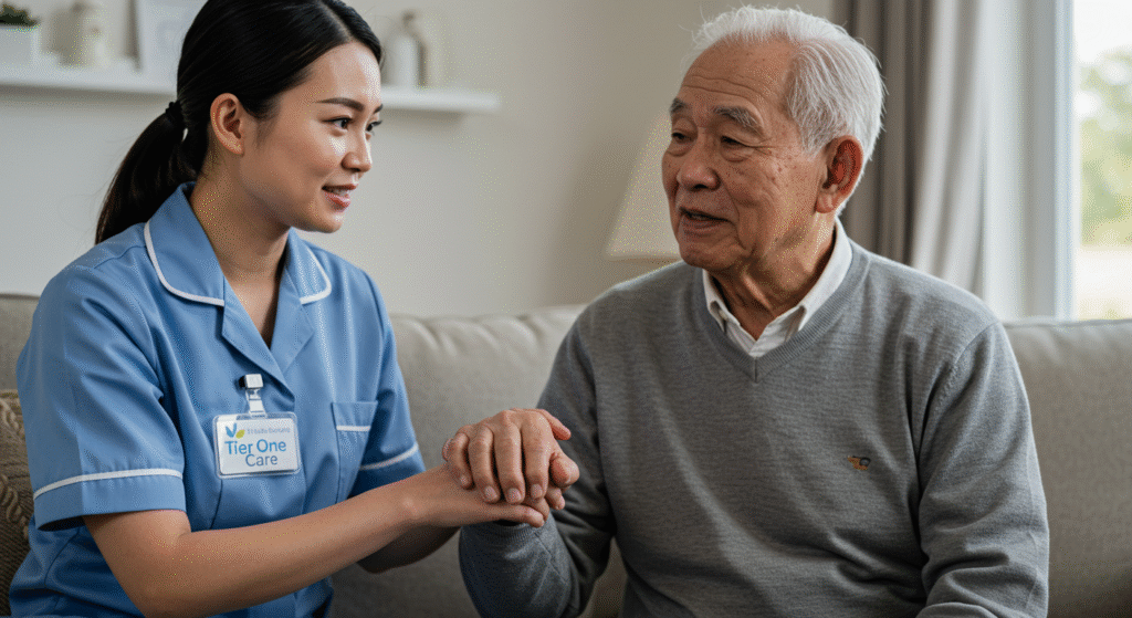 Carer offering companionship and support to an elderly man at home in Stoke.