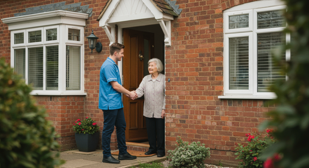 A professional carer in a blue uniform warmly shakes hands with an elderly woman at the front door of her brick home.