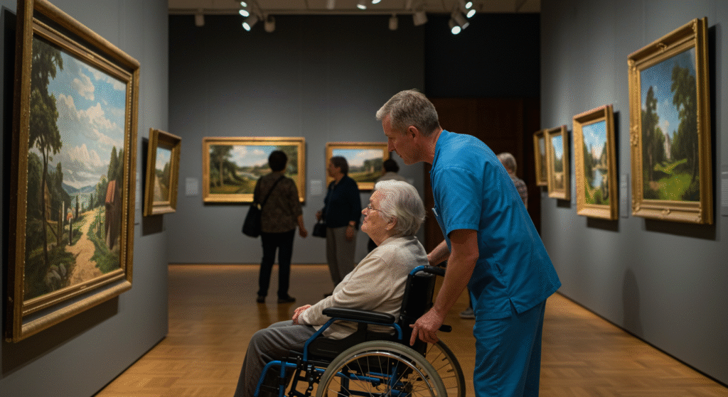 A caregiver in light blue uniform carrying a paper bag approaches a gray house where an elderly couple and another woman welcome her. The senior couple stands smiling behind the white porch railing as the caregiver walks up the concrete steps