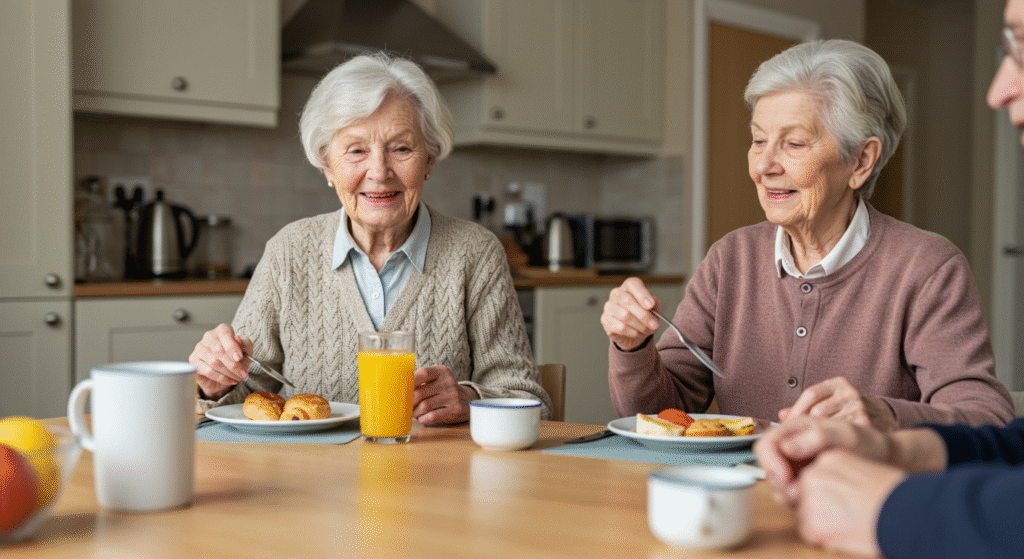 "Two senior women with silver hair smiling while having breakfast together in a bright, modern kitchen. They're seated at a wooden table with plates of food, orange juice, and coffee cups, demonstrating the comfort and independence of home-based care."