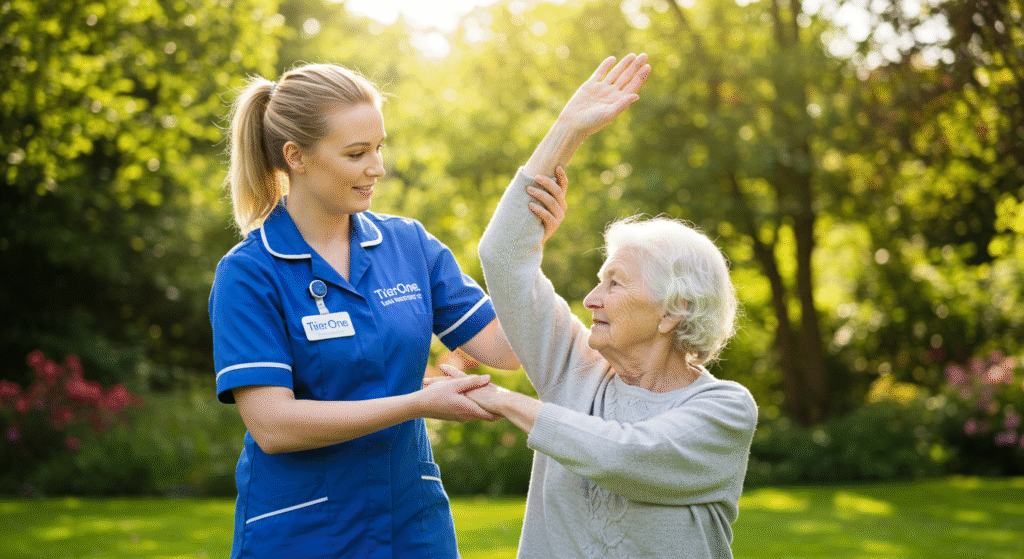 Carer assisting an elderly woman with gentle exercises outdoors in Sunderland.