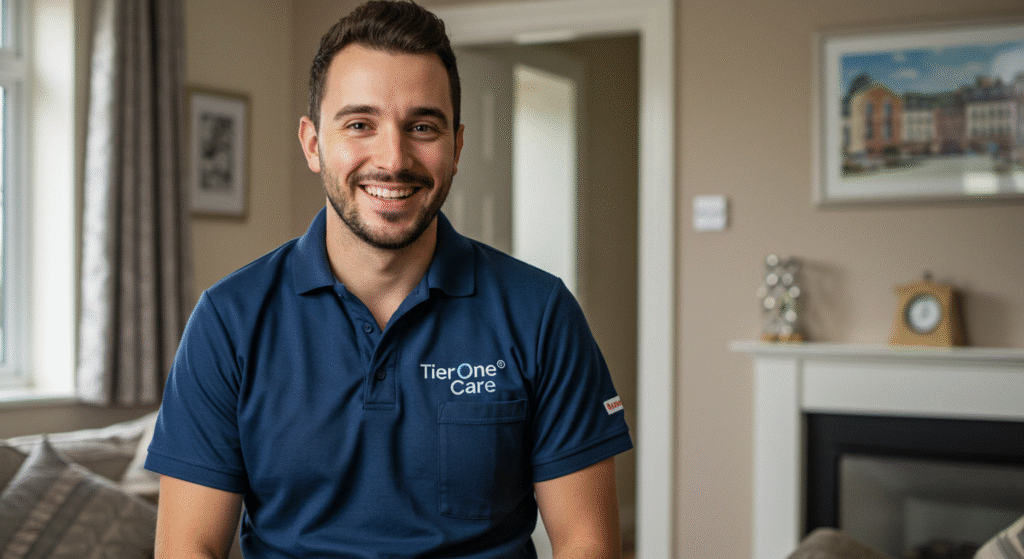 A smiling male caregiver wearing a blue Tier One Care uniform polo shirt standing in a comfortable living room with a fireplace, framed artwork, and home furnishings in the background, representing professional home care services.