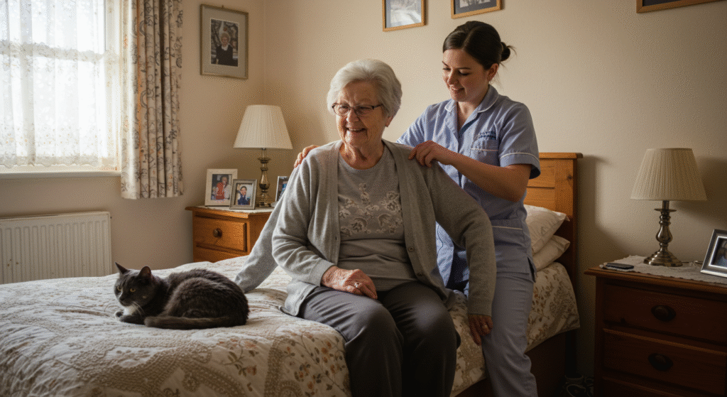 "Caregiver in light blue uniform providing supportive care to a smiling elderly woman with white hair and glasses, who sits on a bed with a gray cat beside her in a warm bedroom environment with family photos and soft lighting."