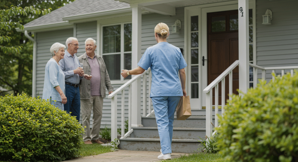 A healthcare worker in blue uniform carrying a shopping bag approaches the front porch of a gray house where an elderly couple and another woman warmly greet her. The senior couple stands smiling behind the white porch railing while the caregiver walks up the steps, demonstrating home-based care services that support independent living
