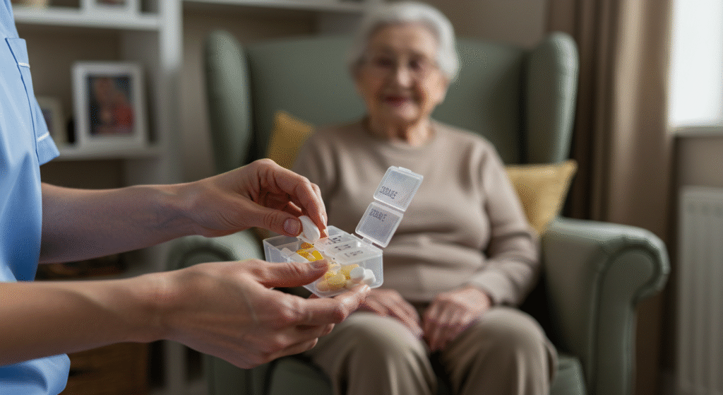"Healthcare worker in blue uniform organizing medication in a pill organizer while an elderly woman with white hair sits in a green armchair in the background, in a home setting with framed photos visible."